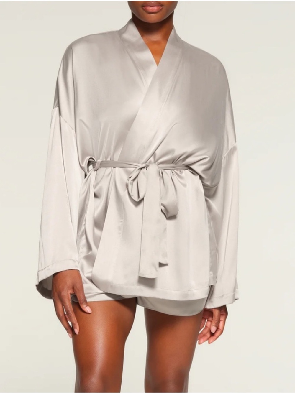 New SKIMS Silk Gray Robe with Shorts 2 Piece Set